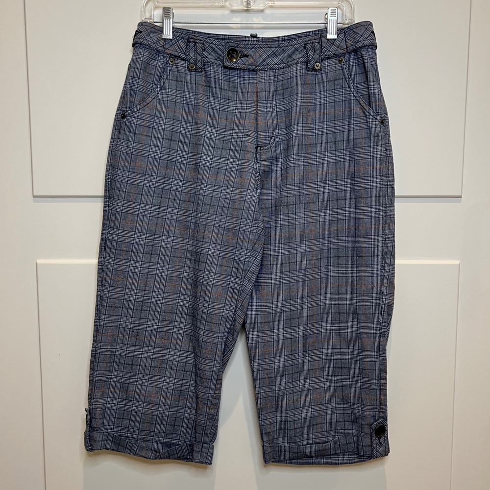Bamboo Traders Plaid Capri Pants Blue Tan Brown Size 10 Cropped Trousers y2k